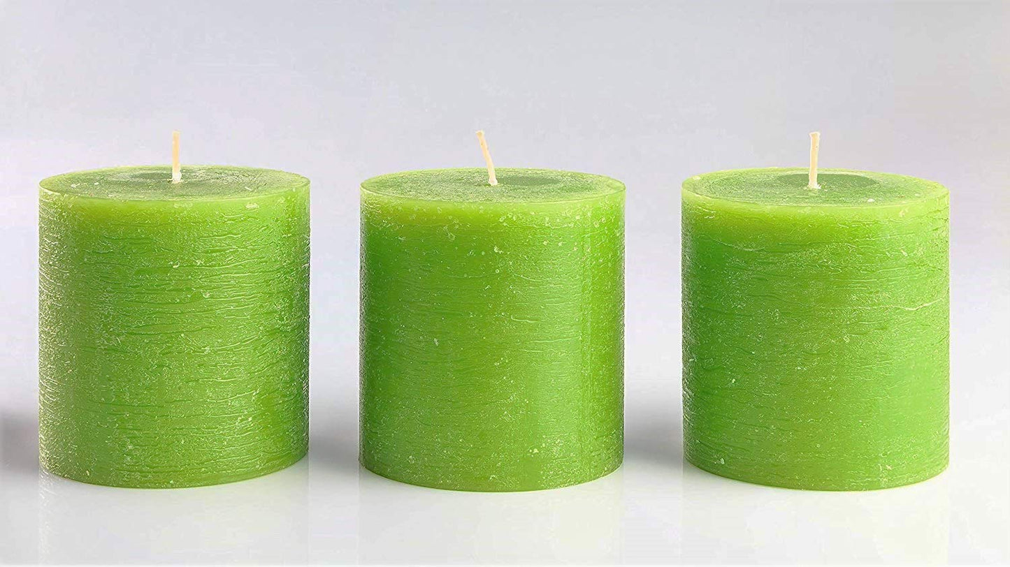 Set of 3 Pillar Candles 3" x 3" Unscented Handpoured Weddings, Home Decoration, Restaurants, Spa, Church Smokeless Cotton Wick - Green