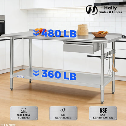 Hally Stainless Steel Prep Table 24 x 60 Inch with Backsplash, NSF Certified Commercial Work Table with Drawer, Removable Stainless Steel Pan, Undershelf and Side Hook for Restaurant, Home, Garage
