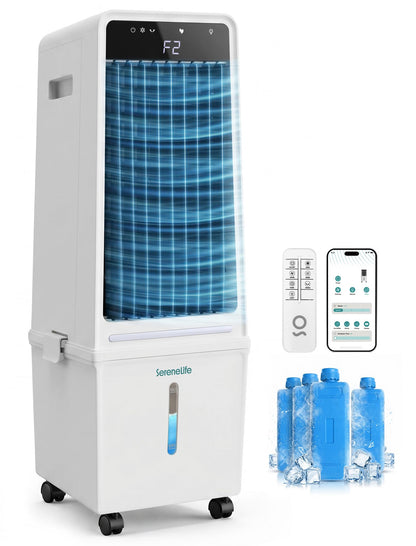 SereneLife Evaporative Air Cooler with 15 L Detachable Water Tank, Air Cooler with 1500 CFM Cooling Power, Indoor Outdoor Oscillating System with Wheels, Remote & Ice Packs, (Black & White)