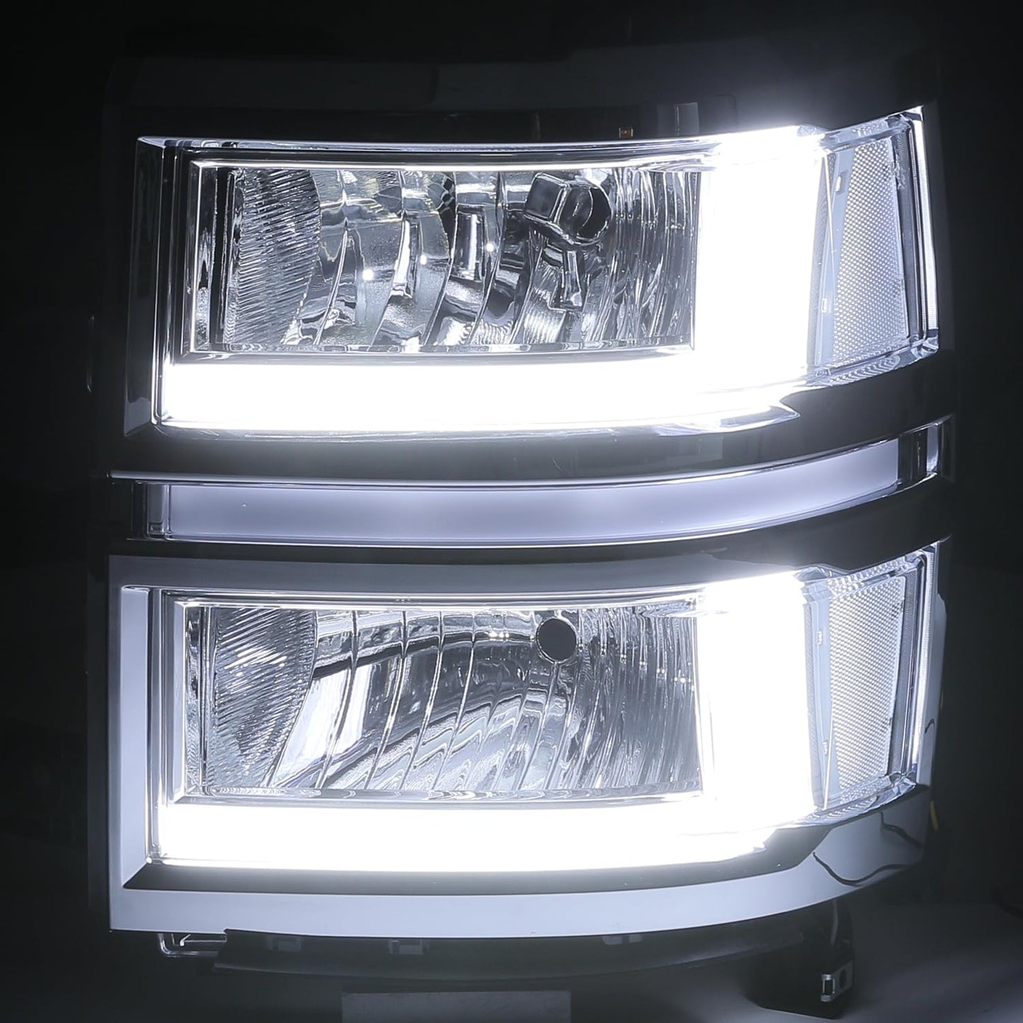 M-AUTO OE Style LED Light Bar DRL Headlamps Assembly Compatible with 14-15 Chevy Silverado 1500, Chrome Housing Smoke Lens Clear Corner Left and Right Pair Headlamps Assembly