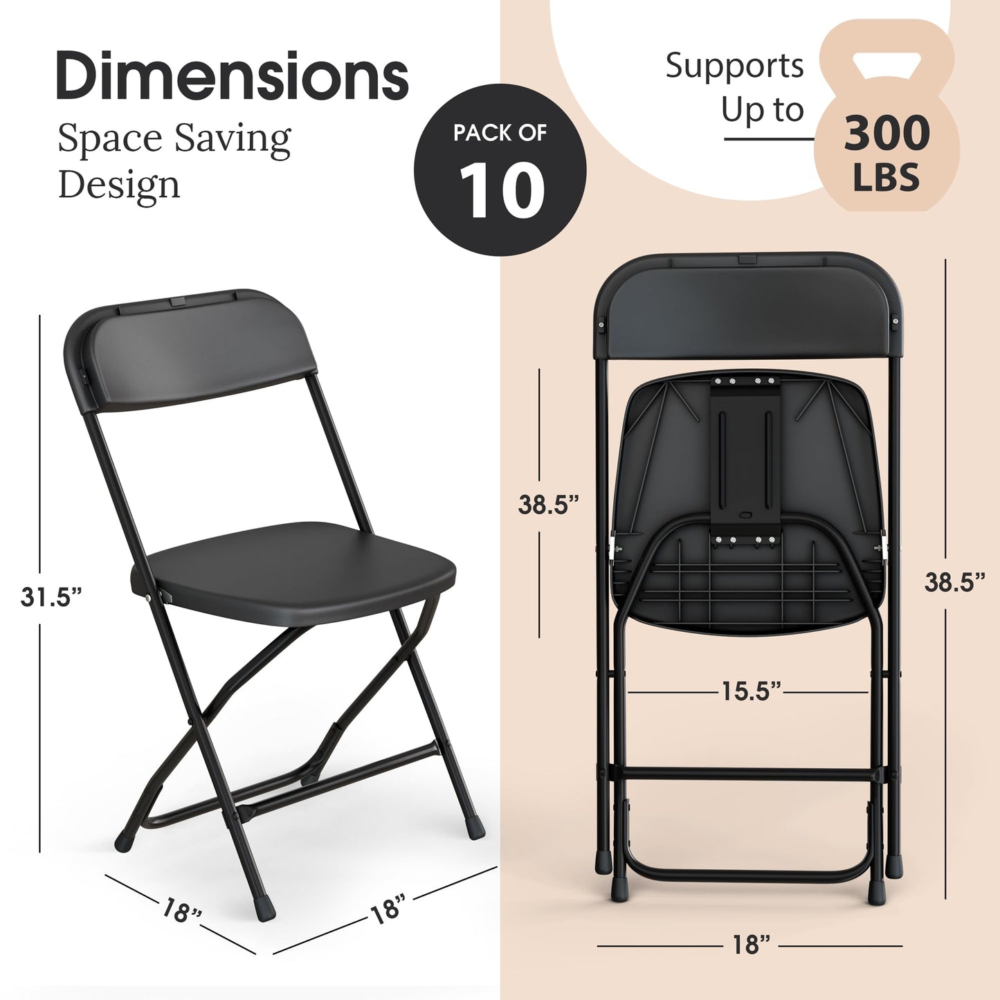 Our Modern Space 10 Pack Foldable Plastic Chair | Folding & Stackable | 350 lbs Capacity Steel Frame Seats for Indoor Outdoor | Commercial Use Events Wedding Party Bulk Picnic Kitchen Dining - Black