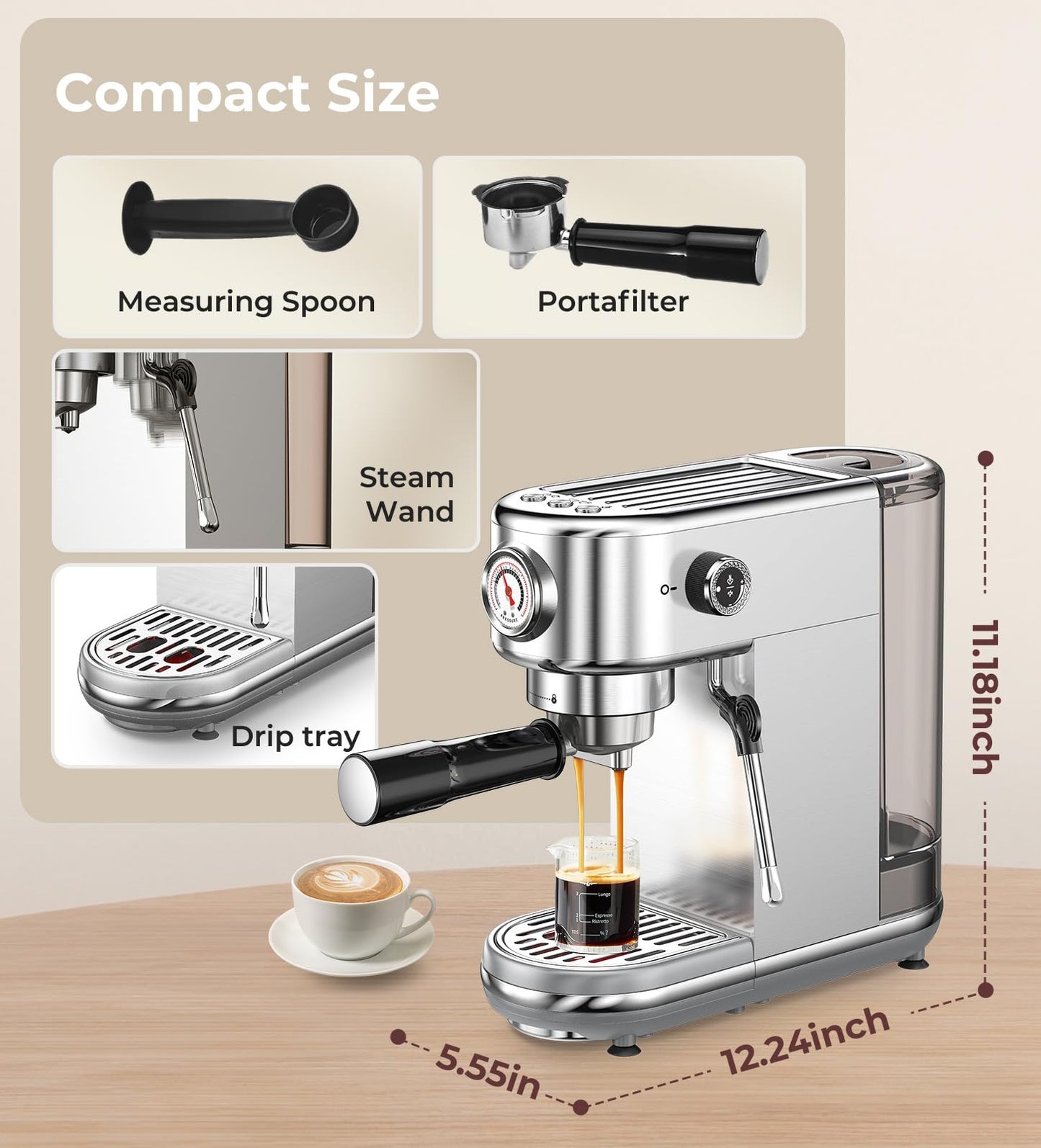 atatix Espresso Machine with Milk Frother, 20 Bar Pressure Espresso Maker, with 44OZ Removable Tank, Compact Stainless Steel Coffee Machine for Home, Office, Latte, Cappuccino, Macchiato, Silver