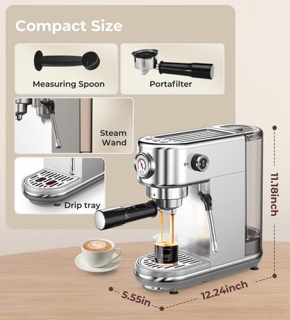atatix Espresso Machine with Milk Frother, 20 Bar Pressure Espresso Maker, with 44OZ Removable Tank, Compact Stainless Steel Coffee Machine for Home, Office, Latte, Cappuccino, Macchiato, Silver