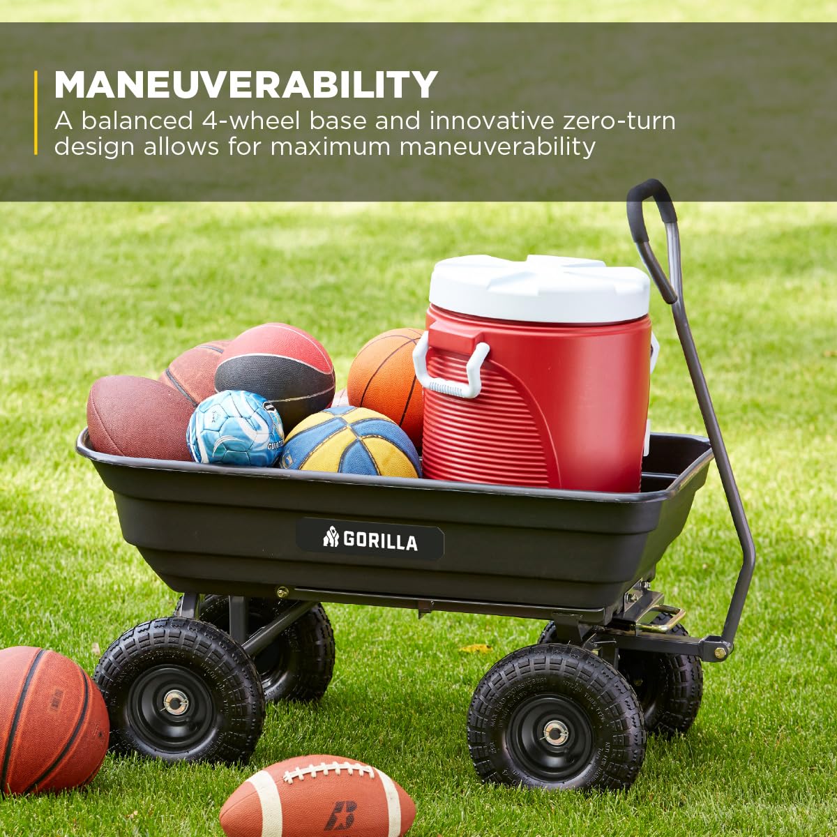 Gorilla Carts Poly Garden Dump Cart, 4 Cu Ft Tub, 600 lb Haul Capacity, Black – Heavy-Duty Utility Wagon with Quick-Release Dumping & Pneumatic Tires for Yard, Landscaping and Gardening