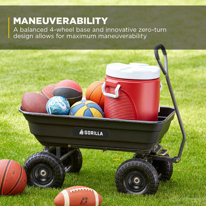 Gorilla Carts Poly Garden Dump Cart, 4 Cu Ft Tub, 600 lb Haul Capacity, Black – Heavy-Duty Utility Wagon with Quick-Release Dumping & Pneumatic Tires for Yard, Landscaping and Gardening