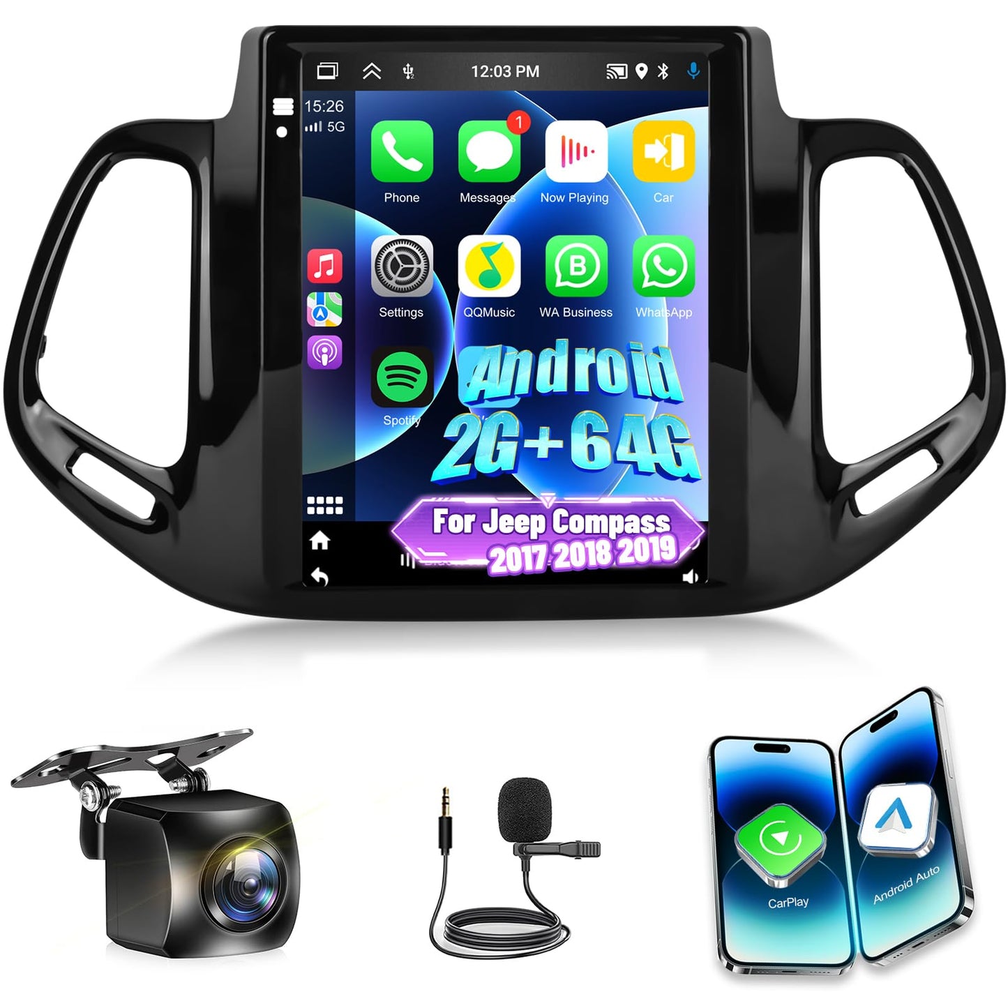 [2+64G] NHOPEEW Car Radio for Jeep Compass 2017 2018 2019 with Wireless Carplay and Android Auto - 9.7 Inch Touch Screen Android Car Stereo - DSP/GPS/WiFi/SWC/Bluetooth + AHD Backup Camera