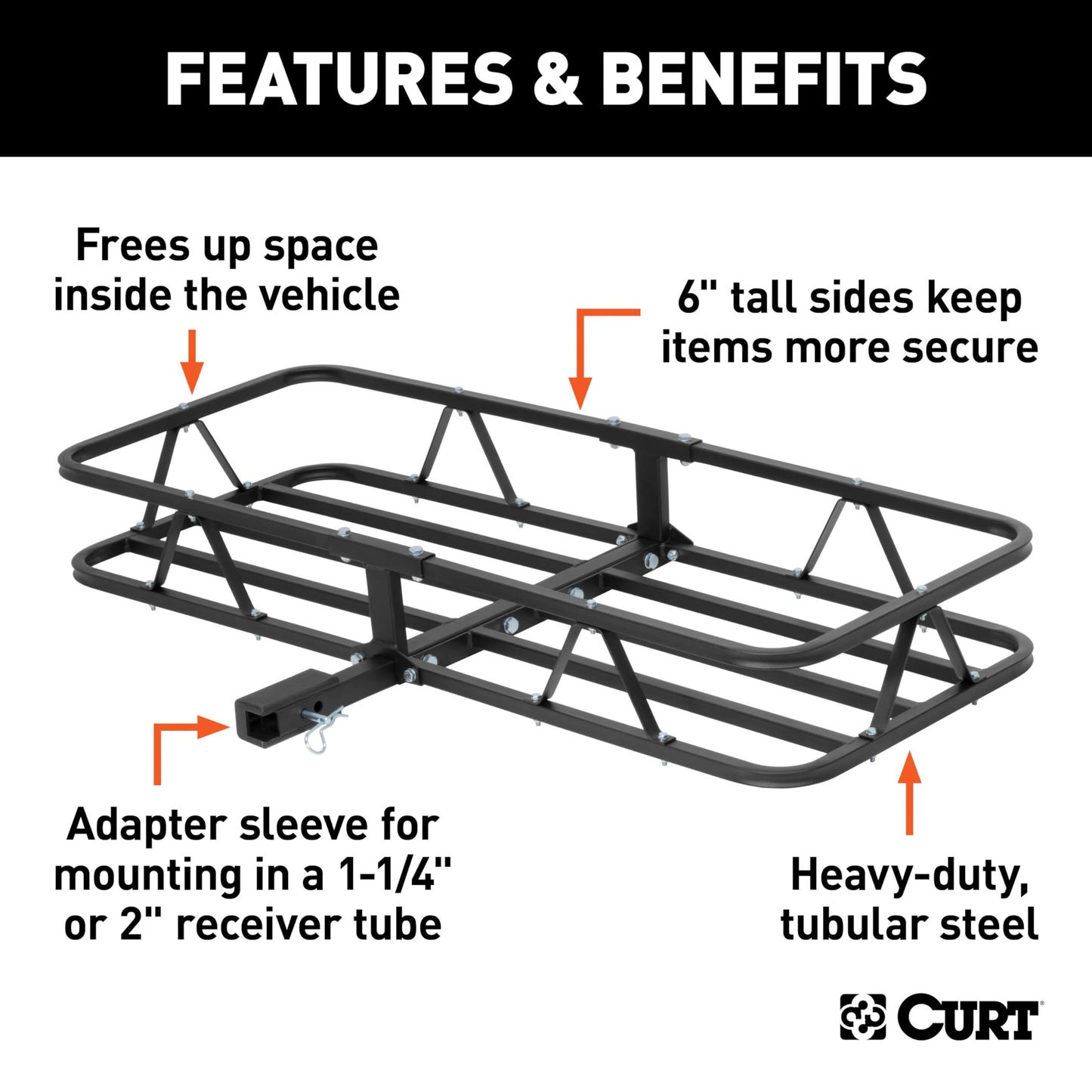 CURT 18145 Cargo Basket Hitch Trailer Hitch Cargo Carrier, 500 lbs. Capacity, 46-1/2-Inch x 17-1/2-Inch x 5-1/2-Inch, Fits 1-1/4 or 2-Inch Receiver