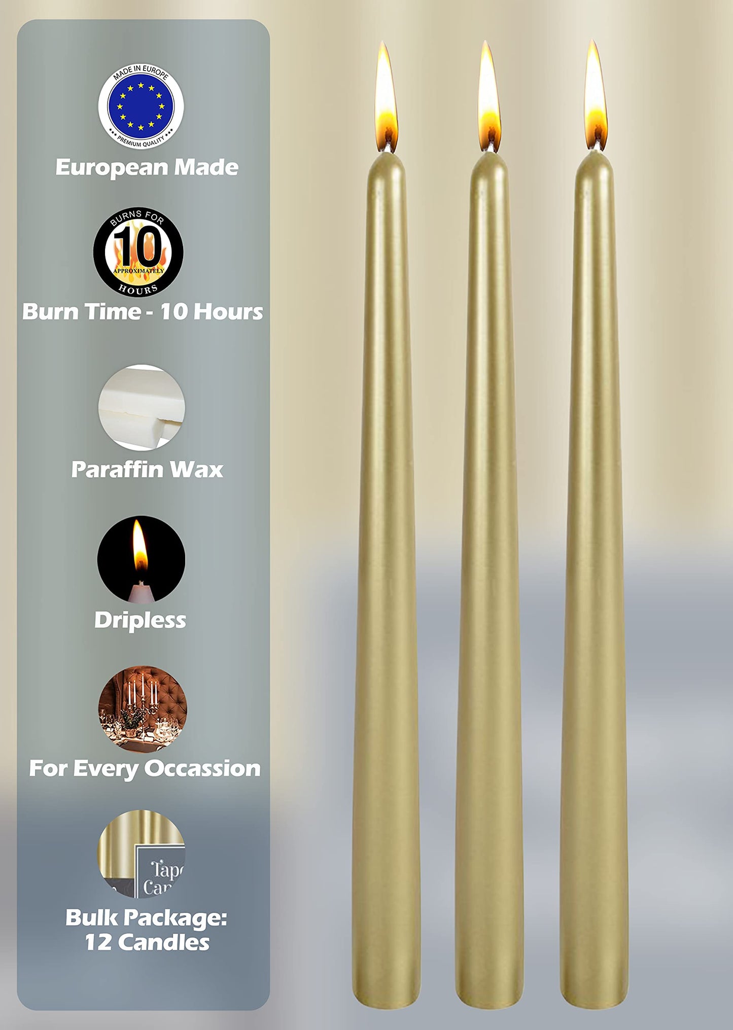 Hyoola Tall Metallic Cream Gold Taper Candles - 12 Inch - Dripless - 12 Pack - 10 Hour Burn Time