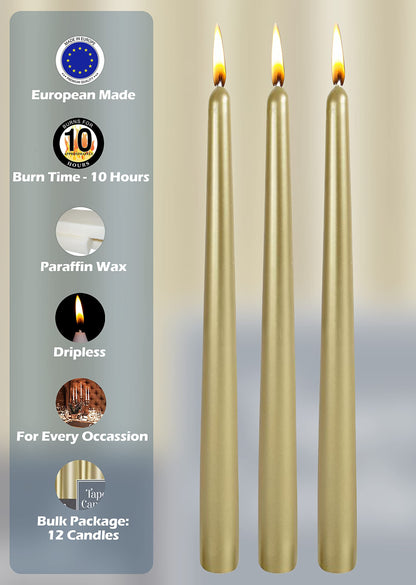 Hyoola Tall Metallic Cream Gold Taper Candles - 12 Inch - Dripless - 12 Pack - 10 Hour Burn Time