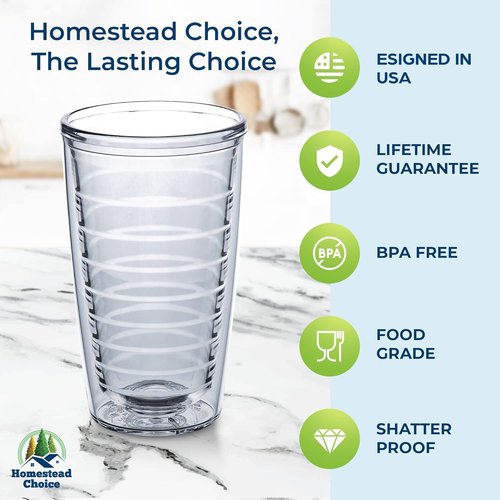 Homestead Choice 16oz Insulated Tumblers Plastic Keeps Drinks Cold & Hot, 4pack Double Walled Clear Insulated Drinking Glasses Cup, BPA-Free, Reusable, Camping, Travel, Kitchen, Party