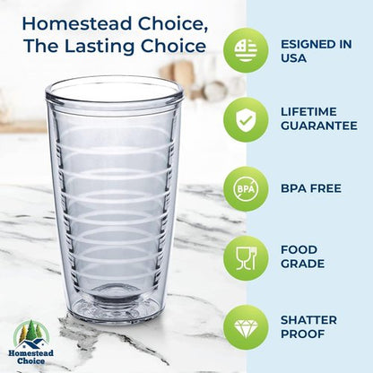 Homestead Choice 16oz Insulated Tumblers Plastic Keeps Drinks Cold & Hot, 4pack Double Walled Clear Insulated Drinking Glasses Cup, BPA-Free, Reusable, Camping, Travel, Kitchen, Party