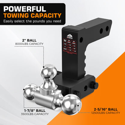 Kingfun Adjustable Trailer Hitch - Drop Hitch Fits 2 Inch Receiver, Tri Ball (1-7/8", 2", 2-5/16") 6 Inch Drop/Rise, 12500 LBS GTW Aluminum Heavy Duty Tow Hitch with Anti-Theft Pin - (Black)