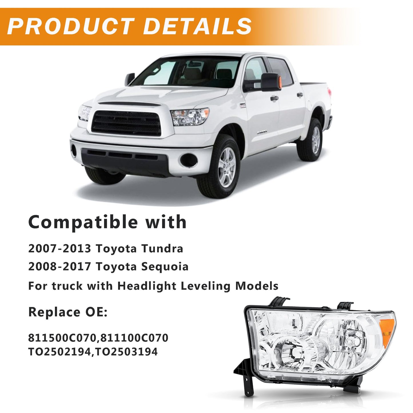 Headlights Assembly compatible with 2007-2013 Toyota Tundra with Level Adjuster, for 2008-2017 Toyota Sequoia Headlamp (12-14 Models Without Headlight Washer)