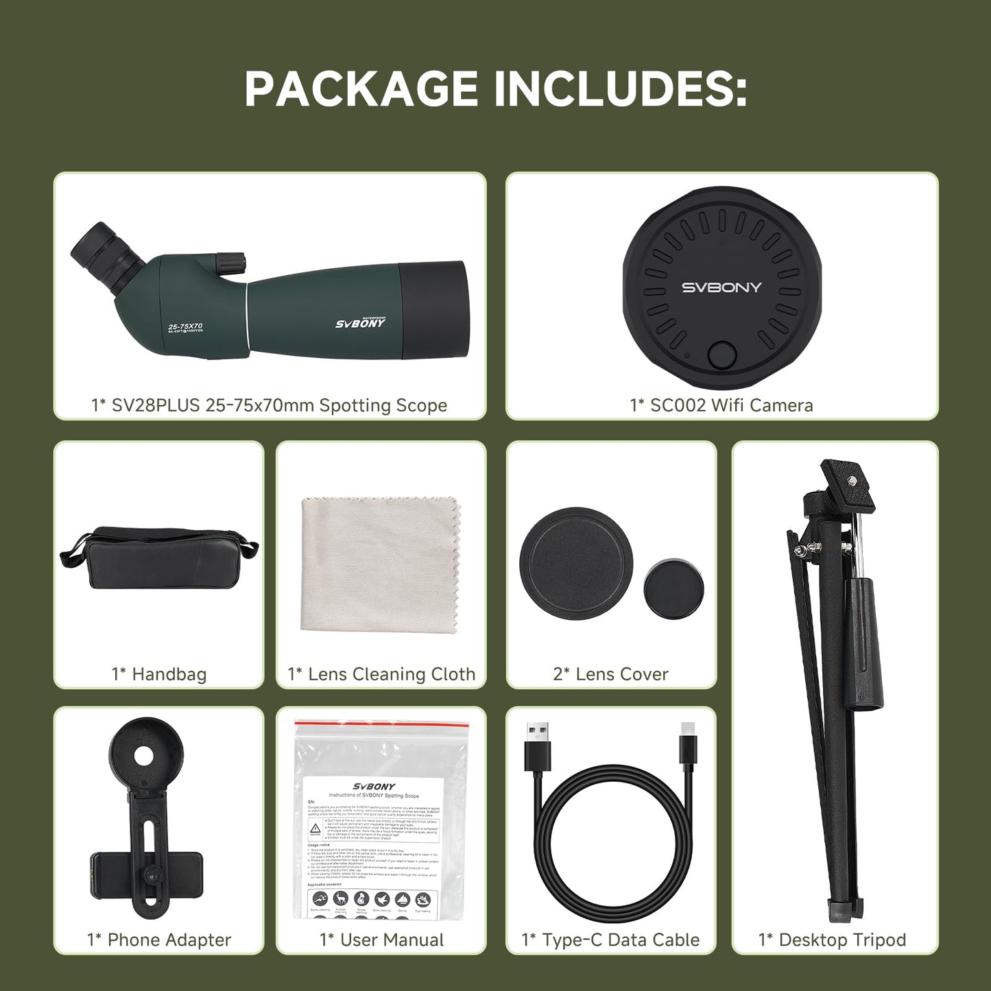SVBONY SV28 Plus Spotting Scope with Tripod & Phone Adapter & SC002 WiFi Camera for Digiscoping, Waterproof & Fofproof, 25-75x70mm Long Range Spotter Scope for Target Shooting, Bird Watching