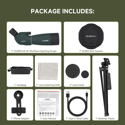 SVBONY SV28 Plus Spotting Scope with Tripod & Phone Adapter & SC002 WiFi Camera for Digiscoping, Waterproof & Fofproof, 25-75x70mm Long Range Spotter Scope for Target Shooting, Bird Watching