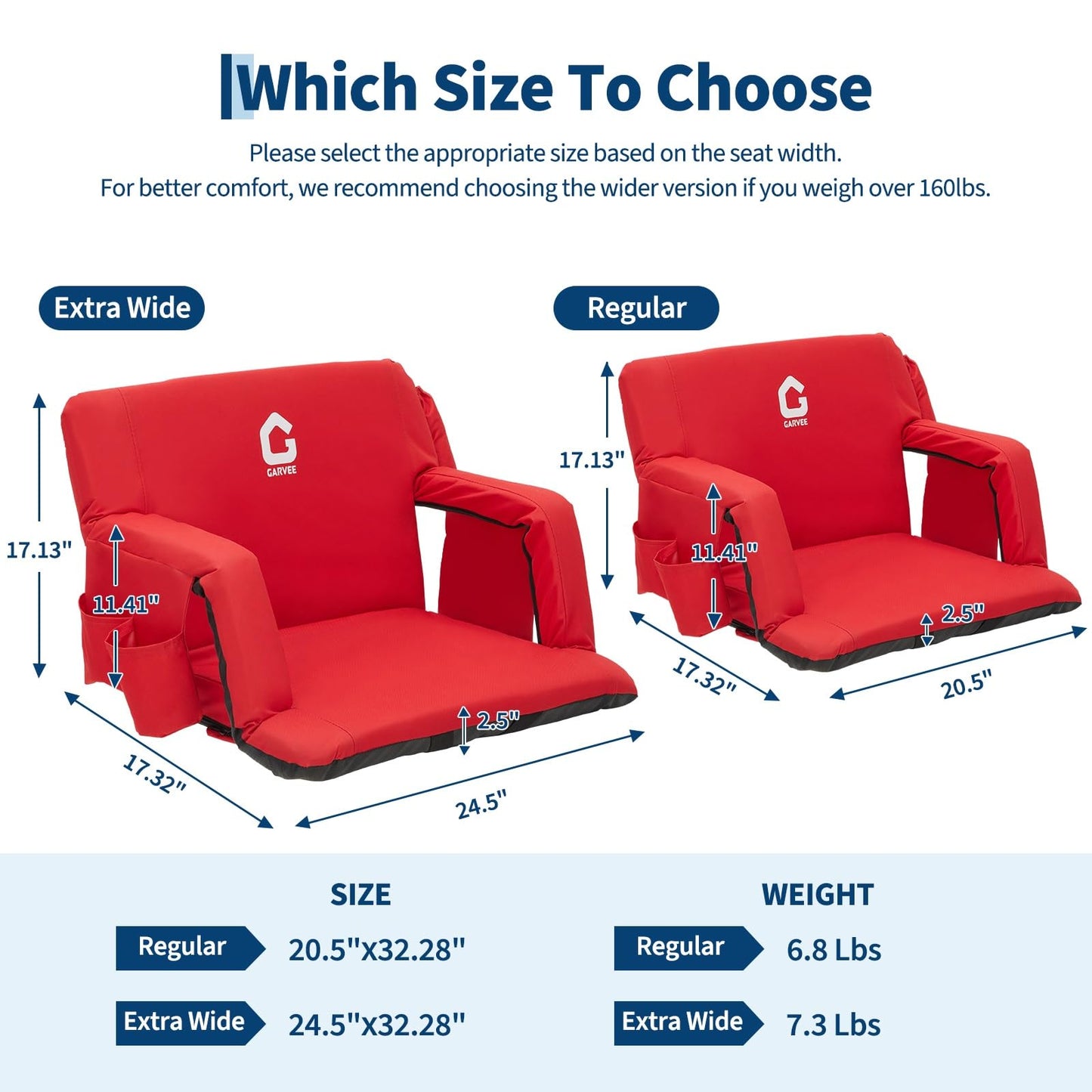 Garvee Stadium Seats with Back Support and Padded Cushion - Extra Wide 24.5" Bleacher Chair with Anti-Slip Mat - Reclining Stadium Football Seats - 6 Adjustable Angle, Large Pockets, Cup Holders - Red