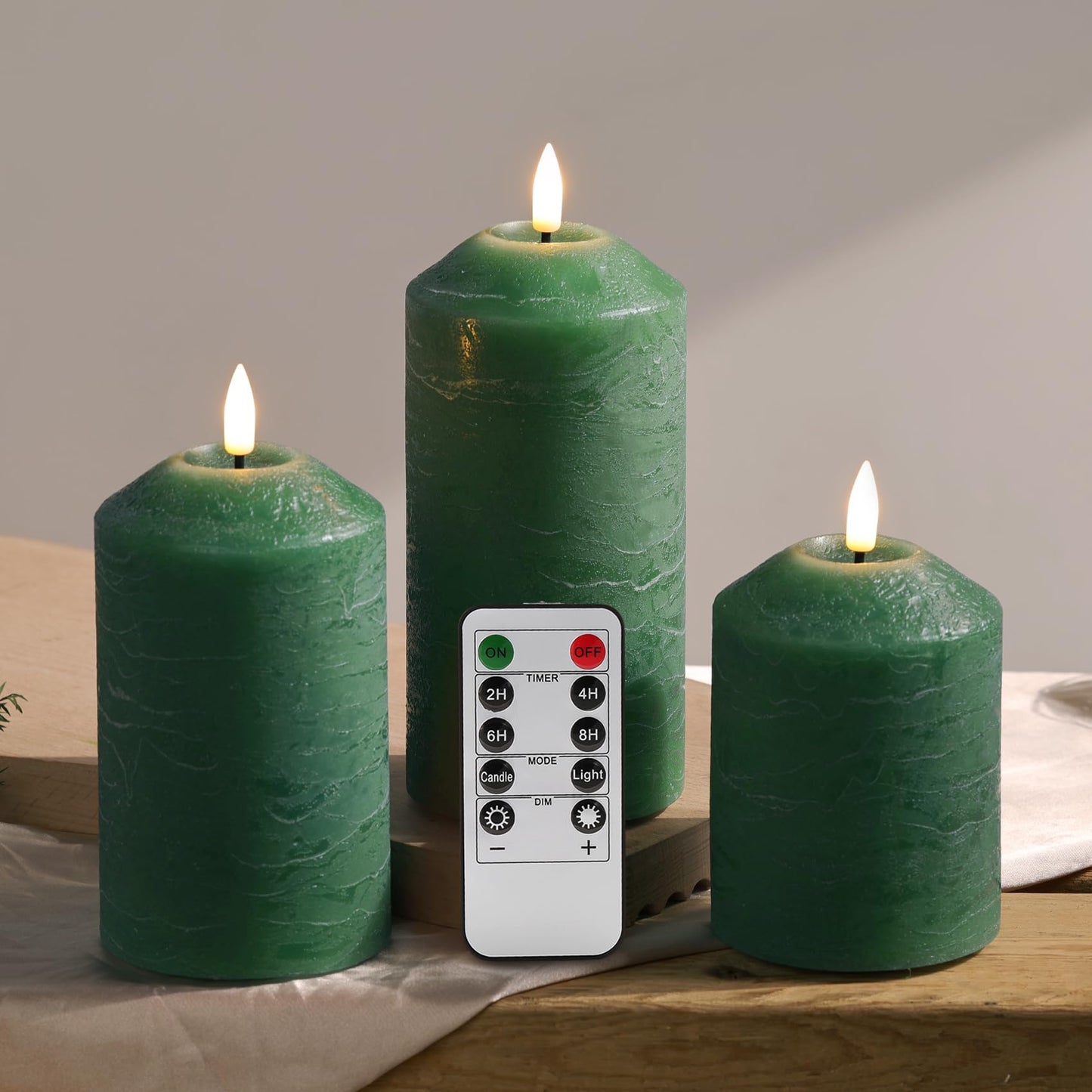 Girimax Green Christmas Flameless Pillar Candles with Remote, LED Wax Candles Battery Powered Flickering Set of 3