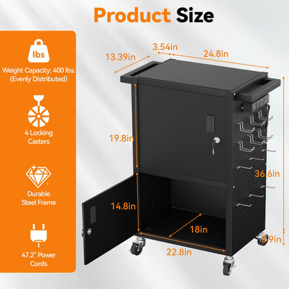 Jasdego Mobile AV Cart - Heavy Duty Computer Cart with 2 Cabinets, Rolling Media Cart with 4 Outlets & Pegboard & Hooks, Lock Brake Wheels Mobile Computer Workstation, Perfect for Home or Office