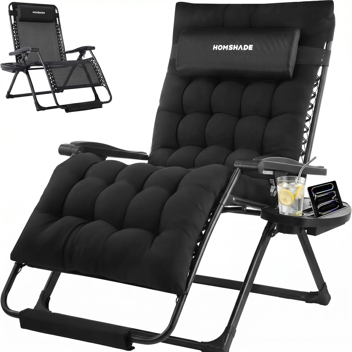 HOMSHADE Oversized Zero Gravity Chair, 33In XXL Outdoor Recliner Chair w/Removable Cushion&Headrest, Reclining Patio Chairs for Indoor, Camping Lounge Chair with Footrest, Support 500LBS, Black