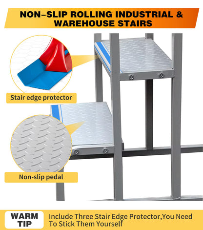 3 Step Stairs with Wheels, Industrial & Warehouse 3-Step Rolling Stairs, Non-Slip Rolling Steps with Stair Edge Protector, Easy to Move Rolling Steps with Wheels(19.7W x29.5H, 600LBs Loading).