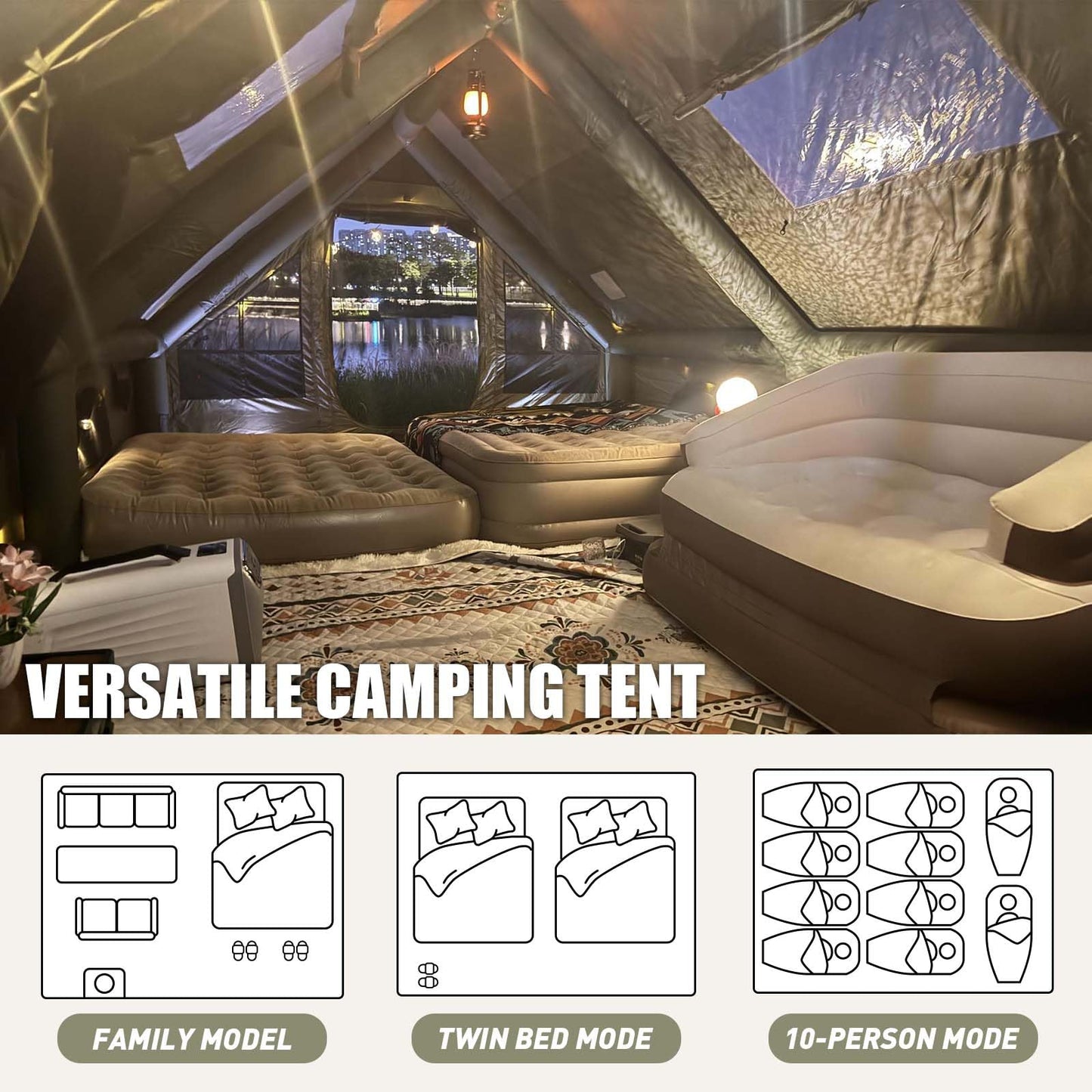 13' x 10' Large Inflatable Tent for Camping 8-10 Person, 4 Season Blow Up Tents with Waterproof Canopy & Moisture-Proof pad, Glamping Inflatable Hot Tent with Stove Jack and AC Vent for Outdoors
