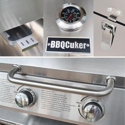 BBQCuker Small Tabletop Gas Grill 2-Burner, Portable Propane Gas Grill with Foldable Legs for Outdoor Camping Cooking Two 10,000 BTU Burners Stainless Steel,Built-in Thermometer
