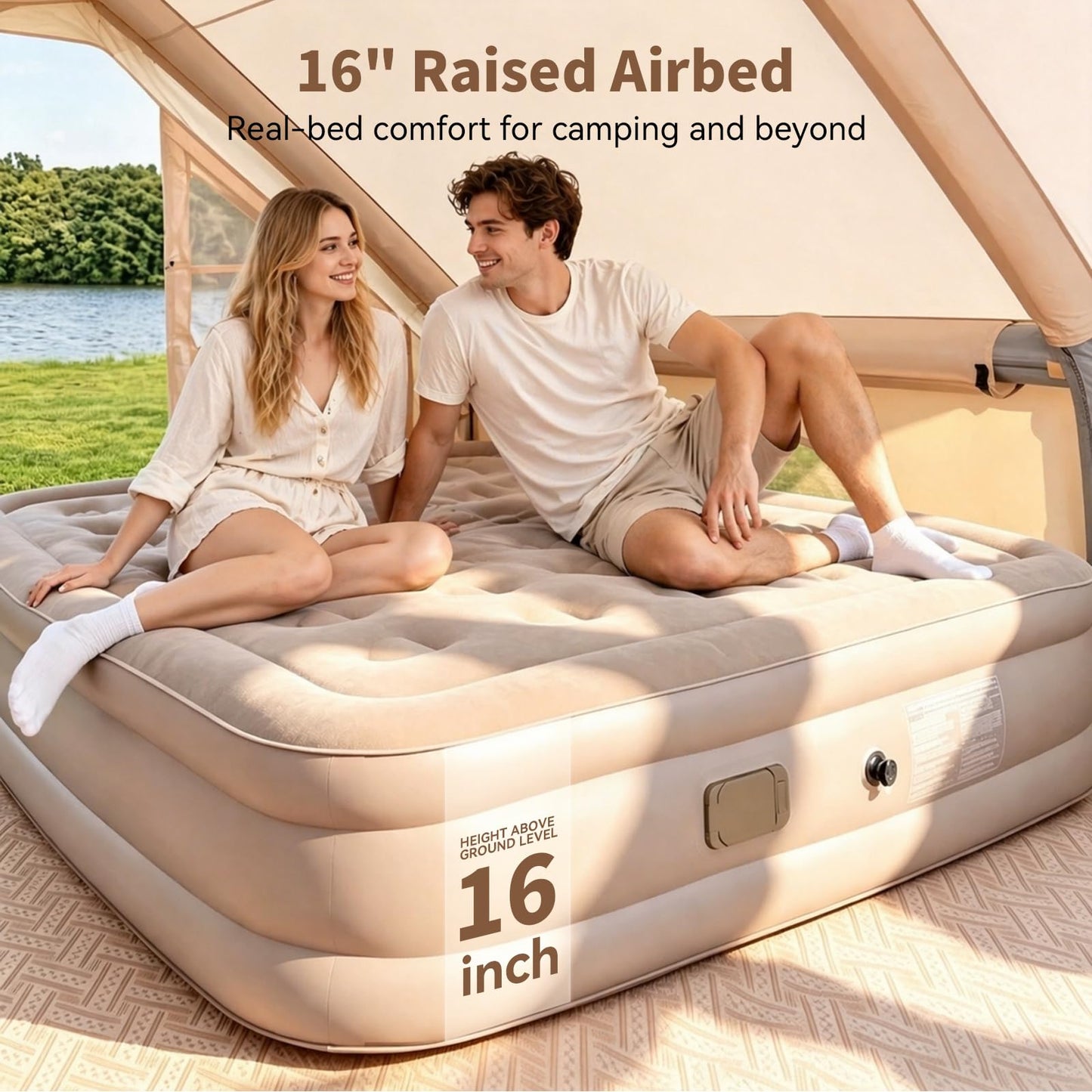 H&W Camping Air Mattress Queen Size, 16" Elevated Blow Up Bed with Detachable Rechargeable Pump, 900lbs Heavy Duty Inflatable Mattress, Cordless Flocked Airbed for Camping, Guests & Home