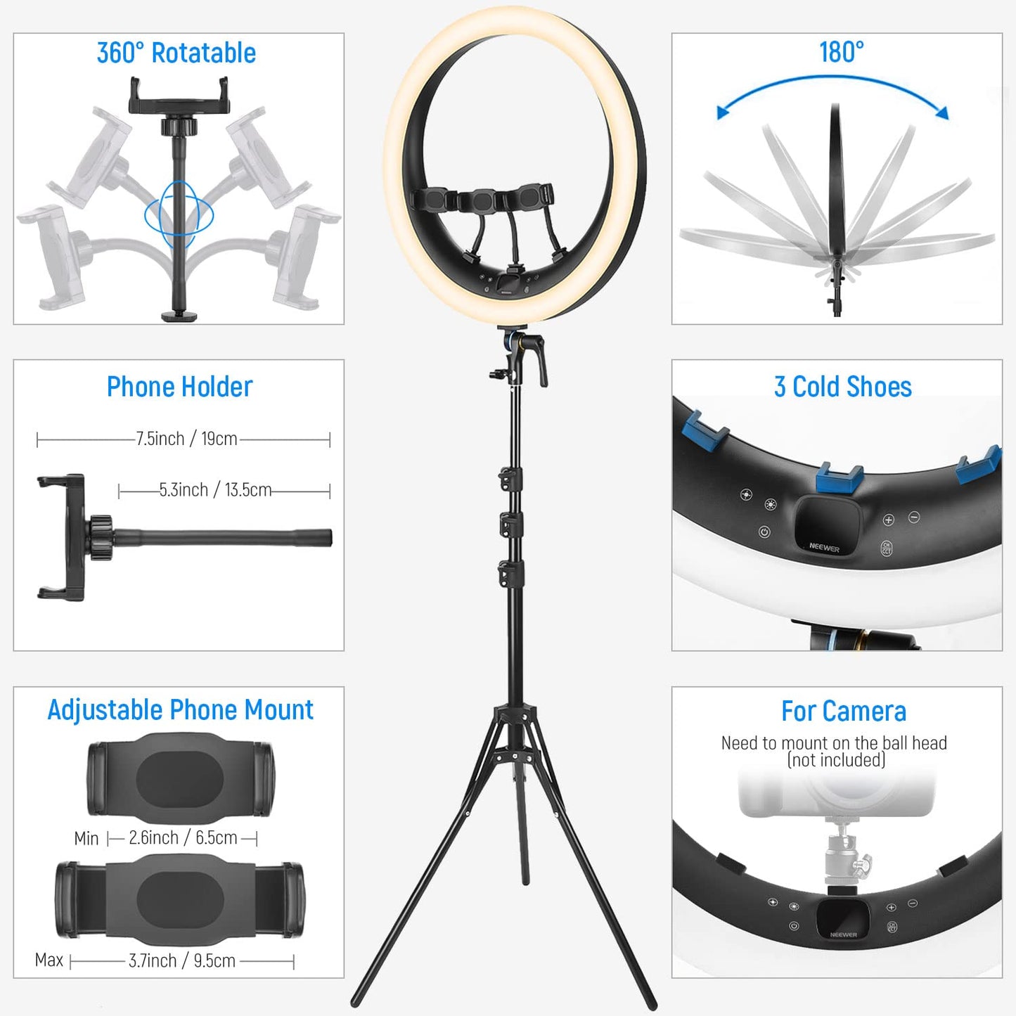 NEEWER Ring Light RP19H 19 Inch with Tripod Stand 3 Phone Holders Compatible with iPhone, Upgraded 2.4G Touch Control Ringlight for Video Recording Streaming Home Office Zoom Selfie Makeup Lighting