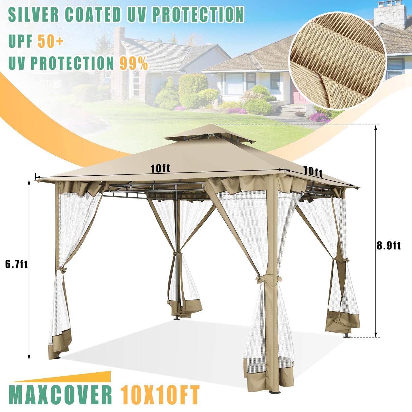 HOTEEL 10’x10’ Gazebo on Clearance, Waterproof Outdoor Gazebo with Mosquito Netting, Double Roof and Heavy Duty Durable Frame, All Weather Easy Assembly for Patio, Backyard, Garden, Windproof