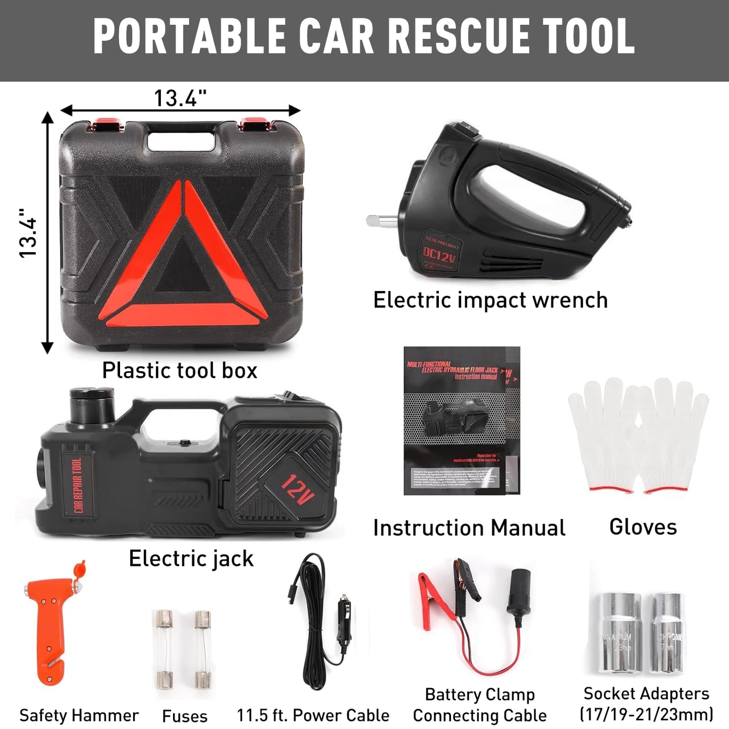 Electric Car Jack Kit 5 Ton 12V Hydraulic Floor Jack with Impact Wrench and Inflatable Pump for SUV Car Emergency Repair Tire Change Kit with LED Light