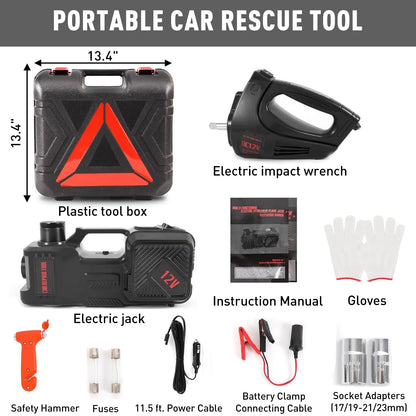 Electric Car Jack Kit 5 Ton 12V Hydraulic Floor Jack with Impact Wrench and Inflatable Pump for SUV Car Emergency Repair Tire Change Kit with LED Light