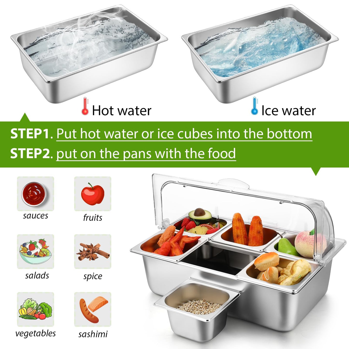 Ziliny Countertop Food Serving Display Container Clear Roll Top Cover 6 Pan Stainless Steel Ice Food Buffet Server Salad Bar Pizza Topping Station Condiment Dispenser Restaurant Kitchen Party(Silver)