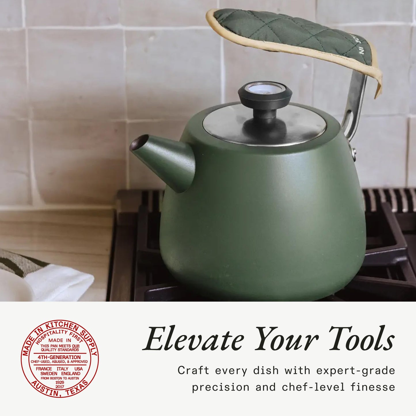 Made In Cookware - 2 QT Kettle - Willow Green - Stainless Steel - With Built-In Temperature Gauge - Includes Handle Sleeve - Induction Compatible
