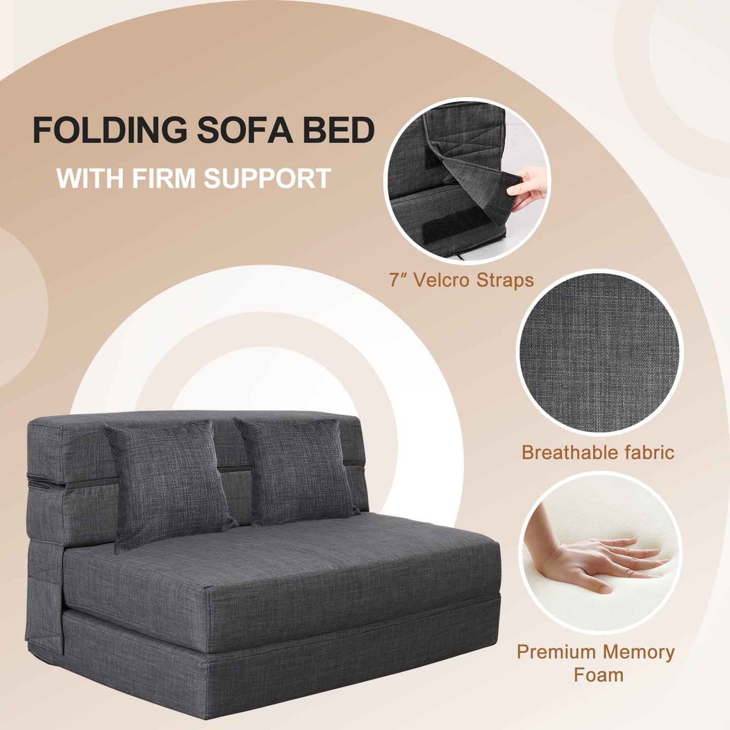 Nigoone Queen Size Folding Sofa Couch Memory Foam with 2 Pillows Sleeper Chair Lazy Couch Triple Futon Convertible Guest Beds, Washable Cover, Dark Gray