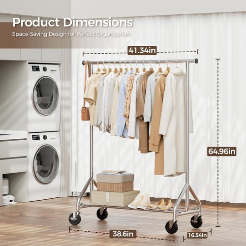 HYSEYY Rolling Clothes Rack - Sturdy Metal Garment Rack with Wheels | 350 LBS Capacity, Silver, Large