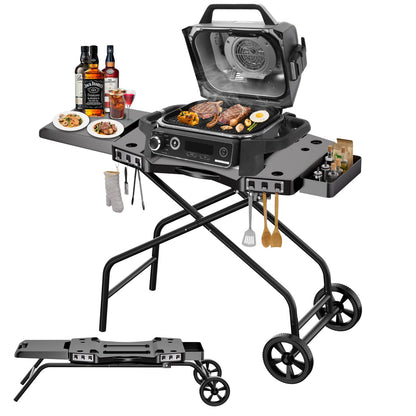 GRISUN Foldable Grill Table Stand for Ninja Woodfire Outdoor Grill（OG700/701/751), Portable Camping Table for Blackstone 22", Portable BBQ Stand with 2 Wheels, Side Table & Storage Basket