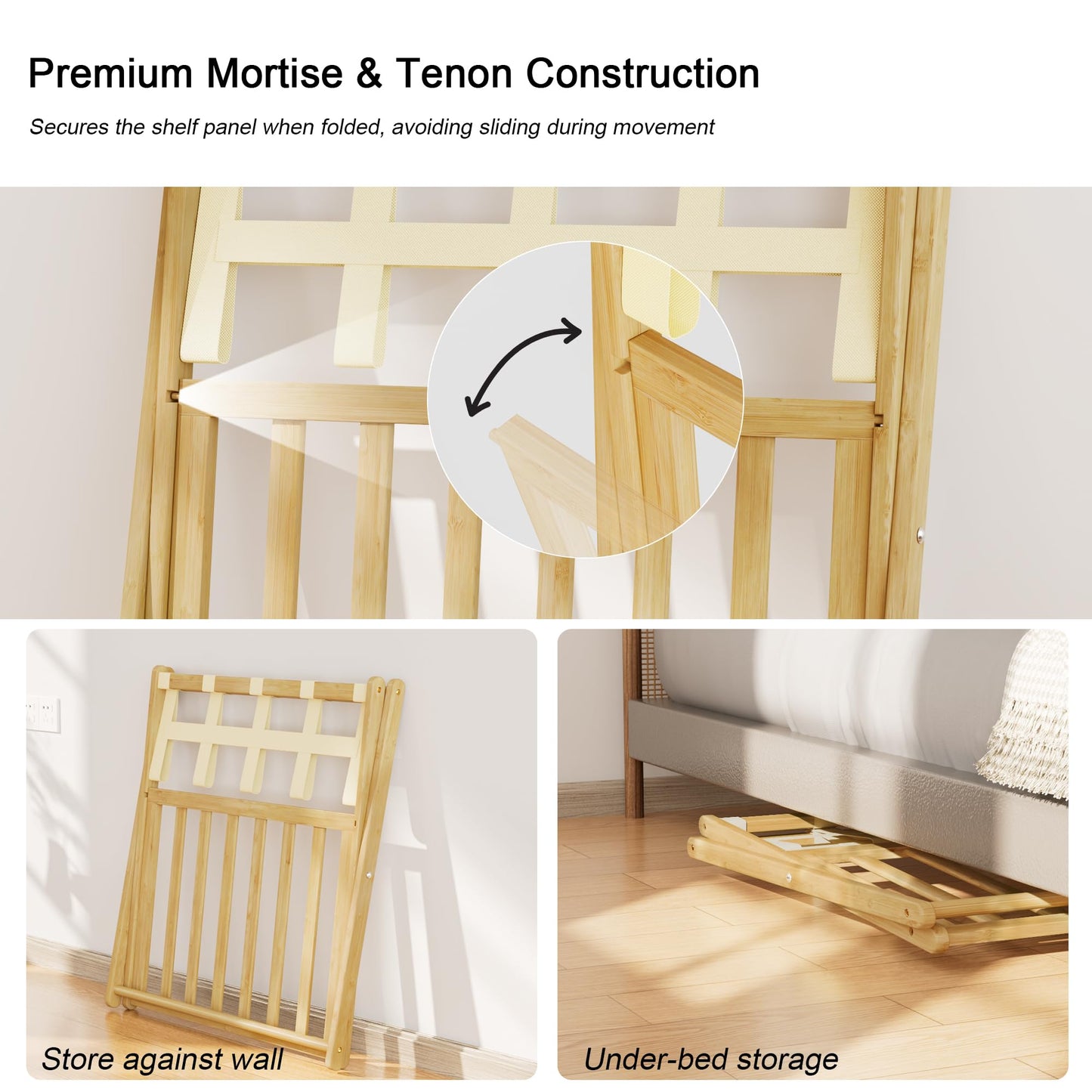 SANLUCE Fully Assembled Luggage Rack Set of 2 for Guest Room, Bamboo Suitcase Stand with Foldable Storage Shelf, Crossed Nylon Straps Folding Luggage Holder for Bedroom and Hotel, Natural