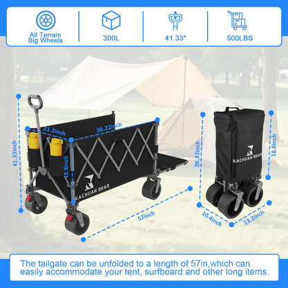 57" L Large Collapsible Foldable Wagon with Tailgate & Brake, 500LBS Heavy Duty Beach Wagons with All-Terrain Big Wheels, 300L Folding Utility Cart for Sand Garden Shopping Groceries Sports (Black)
