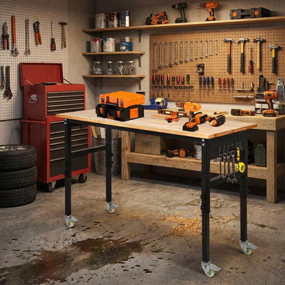 60" x 24" Heavy Duty Workbench with ETL Power Outlet, 8-Level Height Adjustment (29.5"-39.4"), Rubberwood Top with 2000 Lbs Capacity, for Garage/Workshop/Home Office, Metal Casters & Pegboard