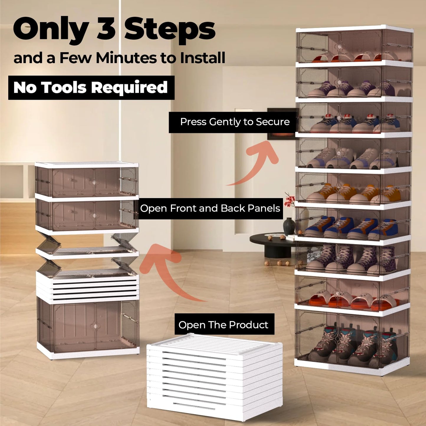 FAHKNS 9 Tier 18 Pairs Foldable Shoe Rack with Wheels, Portable Plastic Shoe Storage Cabinet with Clear Magnetic Doors Space Saving No Assembly for Entryway, Living Room, Closet