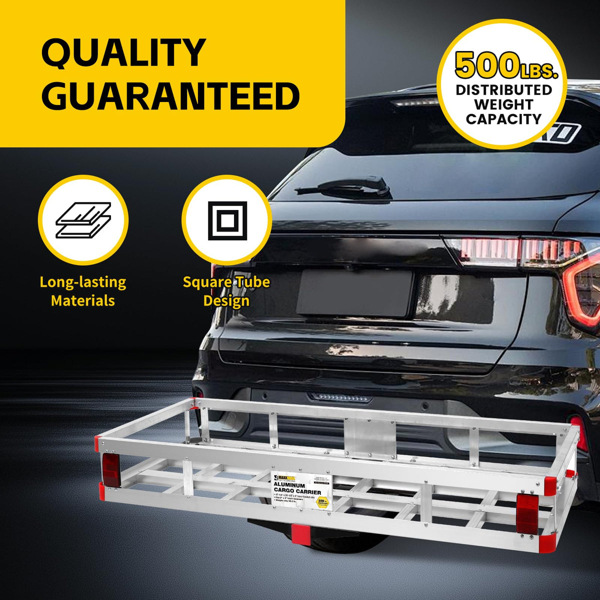 MaxxHaul Aluminum Cargo Carrier with Hitch Tightener Trailer Hitch Mount for RV Truck SUV Van Car with 2" Receiver - 500 lb. Load Cap. 47.25" x 20.25 x 6 Inner Dims. 49" x 22" x 6" Outer Dims.