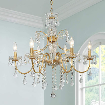 Bestier Crystal Candle Candelabra Chandelier 6 Light Pendant Light 26in Diameter x 26in Height Gold Finish Model AK-AJ-18174