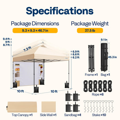 VIVOHOME 10x10ft Pop Up Canopy Tent with Sidewall and 6 Pockets, One Push Setup Outdoor Portable Shelter Tent Heavy Duty with Wheel Carry Bag and 4 Sandbags, Beige