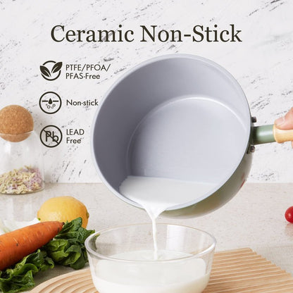 ROCKURWOK Ceramic Nonstick Sauce Pan with Lid, 2 Quart Cooking Pot, Small Saucepan with Steamer, PTFE& PFAS-Free, Wooden Handle for Cool Touch, Universal Base(Gas, Electric & Induction), Green