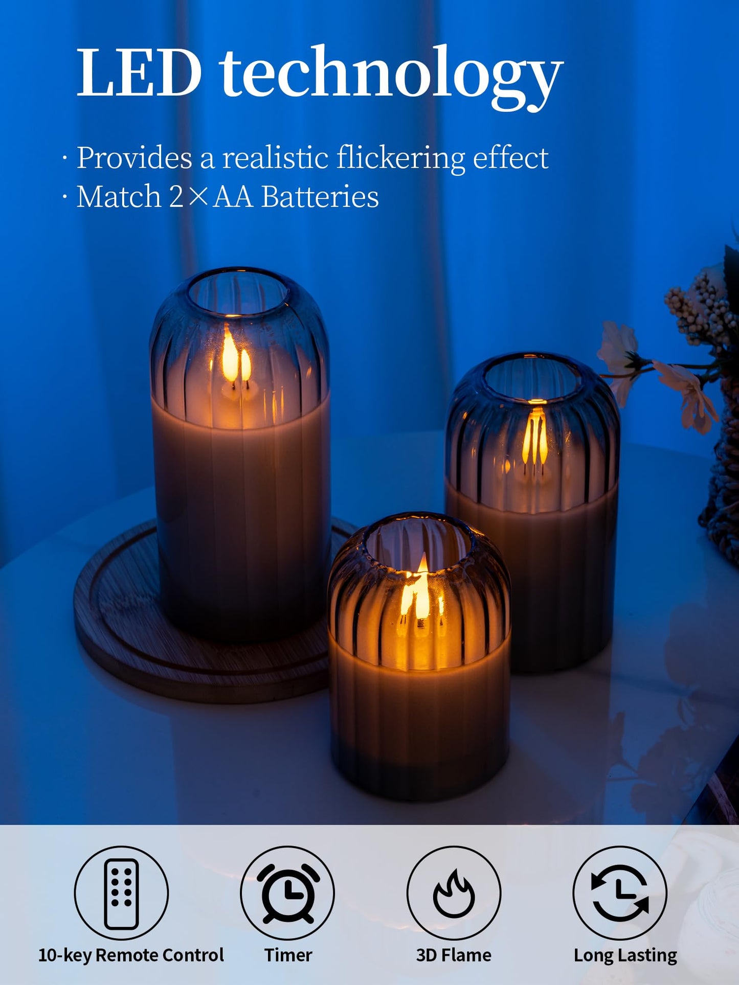 luzzup Glass Ribbed Flameless Candles - Battery Candles with Remote Timer, Green Glass LED Candles with Pumpkin Shape, Warm Light, Lasting 350 Hrs and Brightness Adjustment, Φ 3" H 4" 5" 6", Set of 3