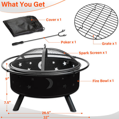 Quilushey 32 Inch Fire Pit Outdoor Fireplace, 2 in 1 Metal Round Firepit for Outside Bonfire Party, BBQ, Camping, Backyard, Patio, Garden, Picnic w/Fire Poker, Spark Screen, Grate, Cover (Moon&Star)