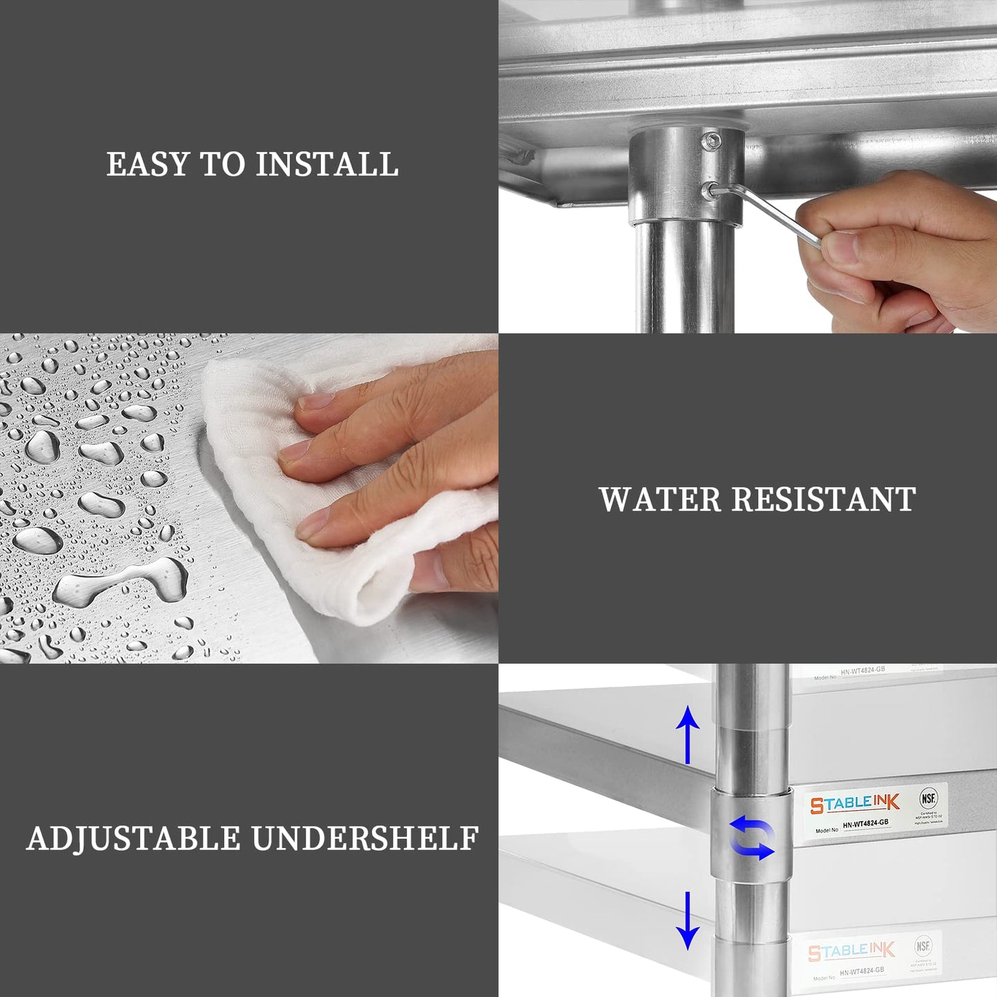 STABLEINK NSF Stainless Steel Table with Wheels 36x24 Inches 3ft, Metal Prep & Work Table with Adjustable Undershelf, for Commercial Kitchen, Restaurant, Laundry, Hotel and Garage
