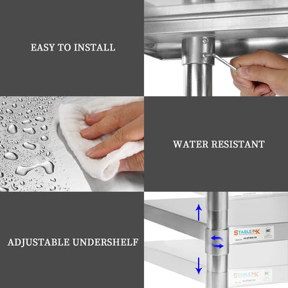 STABLEINK NSF Stainless Steel Table with Wheels 60x24 Inches 5ft, Metal Prep & Work Table with Adjustable Undershelf, for Commercial Kitchen, Restaurant, Hotel, Laundry and Garage