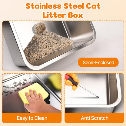 Stainless Steel Litter Box with Lid, 8” Deep Pan, Extra Large Litter Box for Big Cats, Anti-Leakage, Odor Free, Front & Top Dual Entry, Includes Litter Mat & Metal Scoop