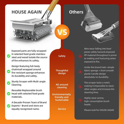 HOUSE AGAIN Grill Brush Bristle Free, Stainless Steel Food-Grade Brush Head with Scraper, Safe Steam BBQ Outdoor Grill Cleaning Brush Barbecue Grill Cleaner Non Wire for Grill Grate/Long Wood Handle